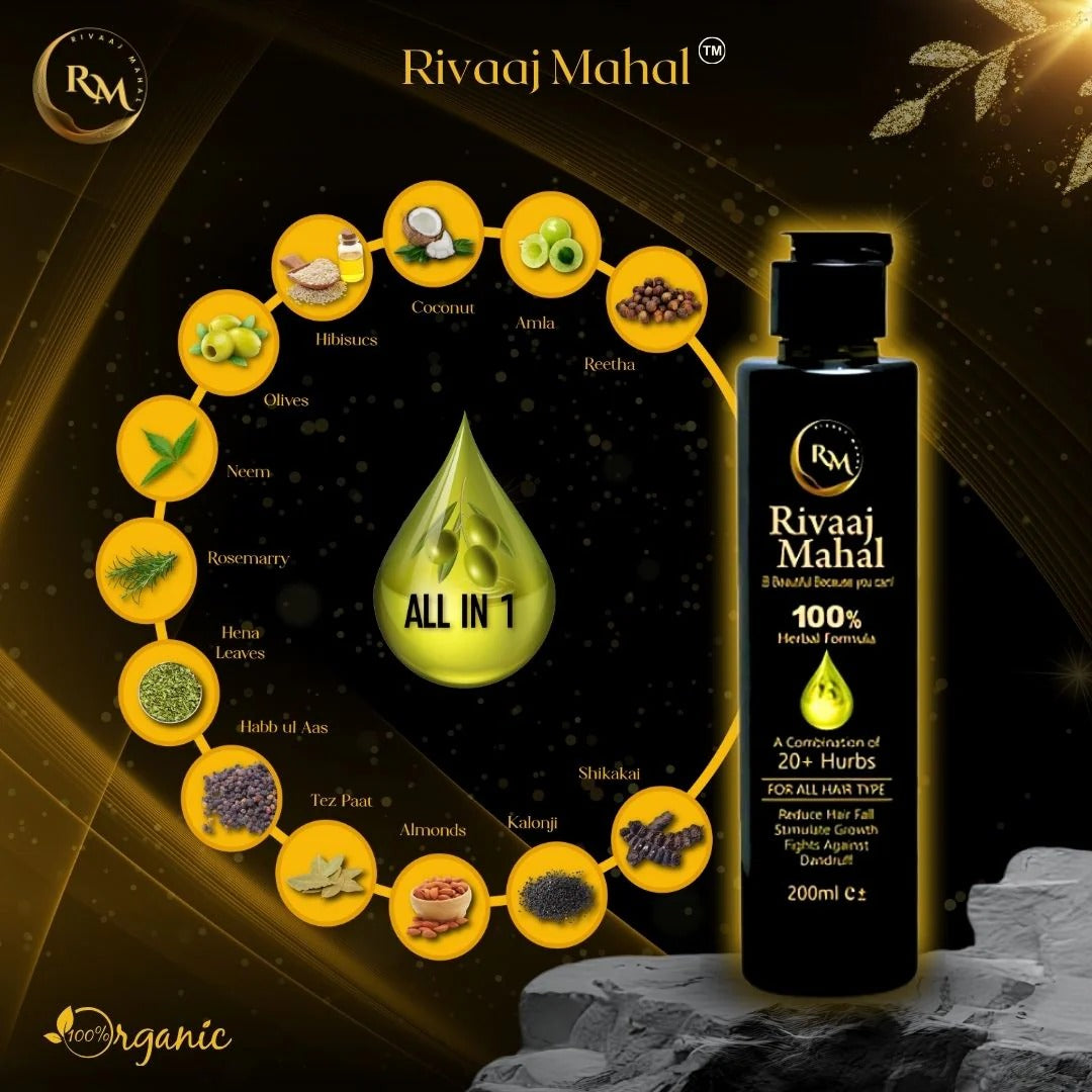 Rivaaj Mahal Herbal Hair Oil – 100% Organic Blend with Amla, Bhringraj & Reetha for Hair Fall Control, Growth & Shine